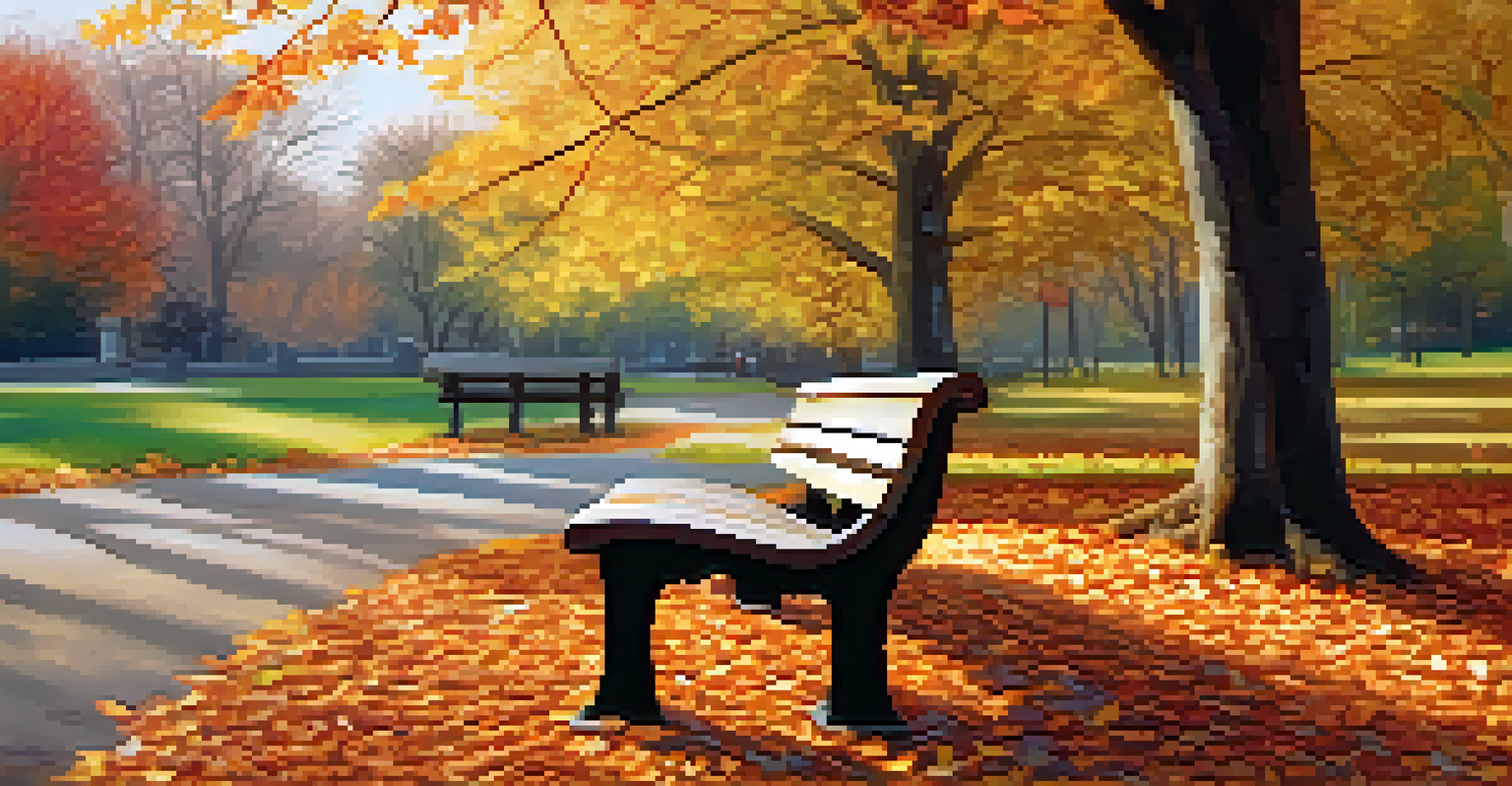 A weathered wooden bench in a park surrounded by fallen autumn leaves, with a winding path leading into a tree-lined area.