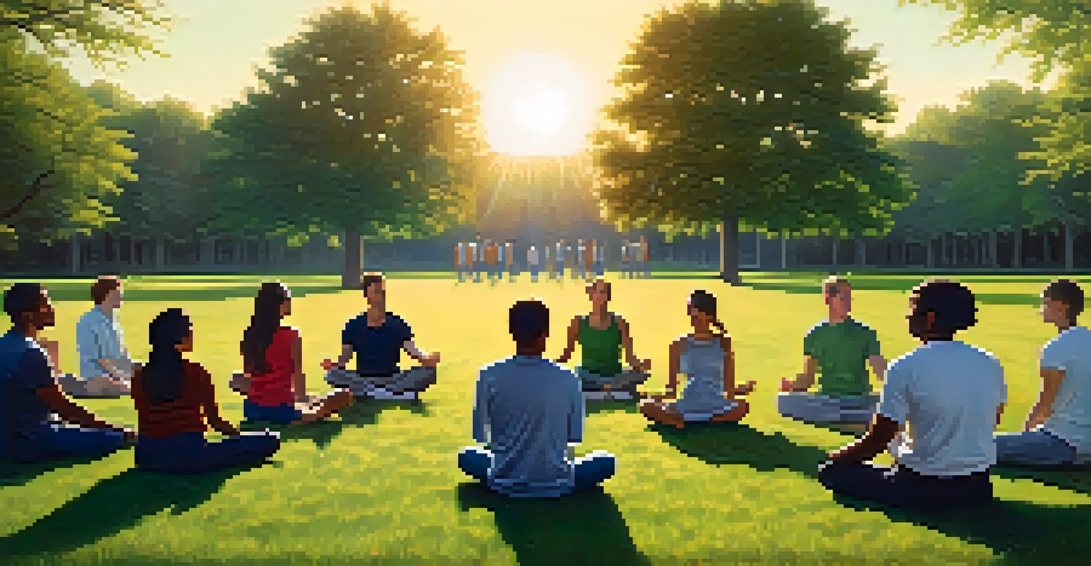 A group of individuals practicing box breathing exercises in a park during sunset, surrounded by greenery.
