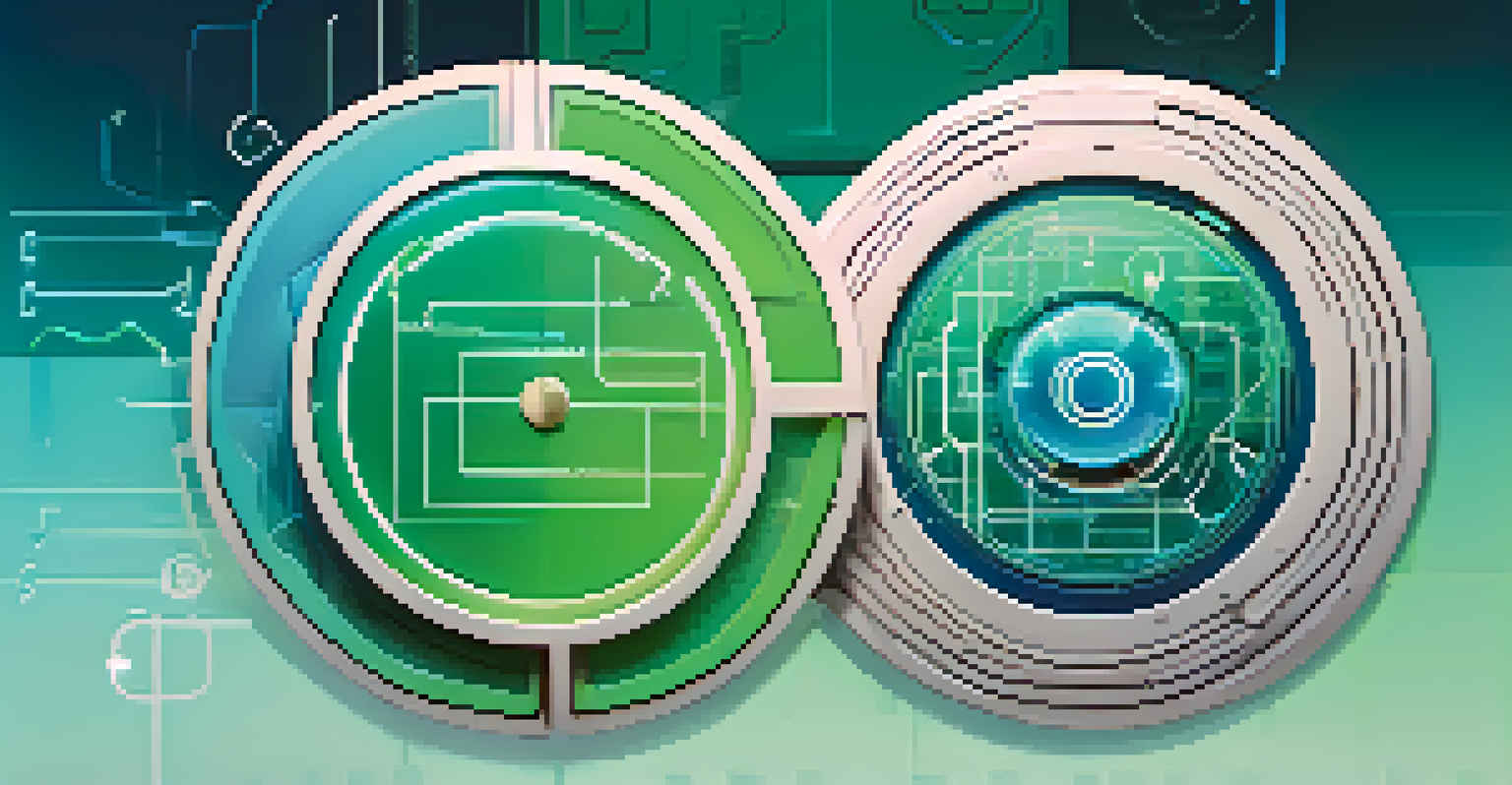 A graphic representation of interconnected circles symbolizing physical and cyber safety with various related icons on a calming background.