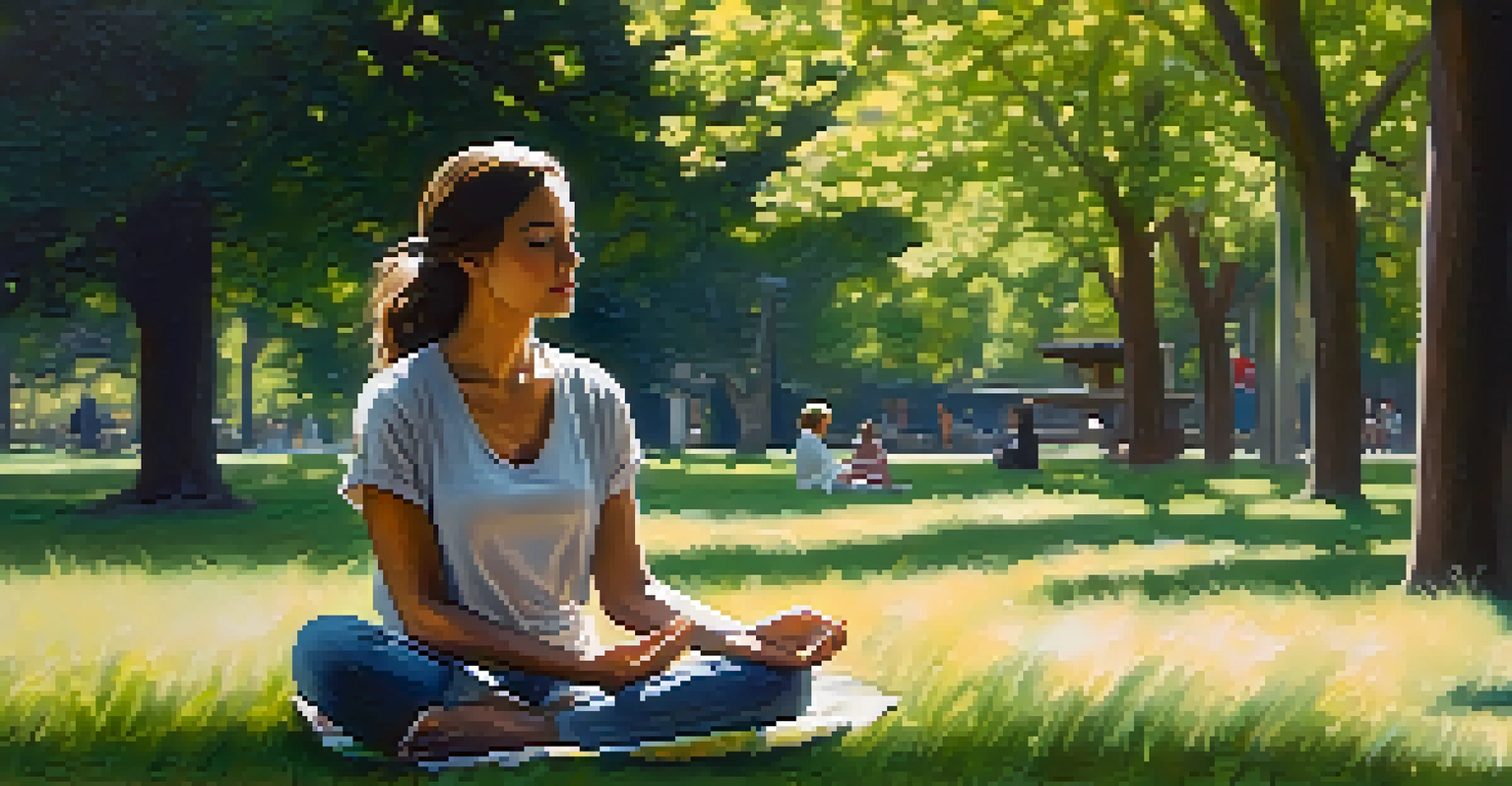 A woman practicing mindfulness sitting cross-legged on the grass in a park, surrounded by trees and flowers.