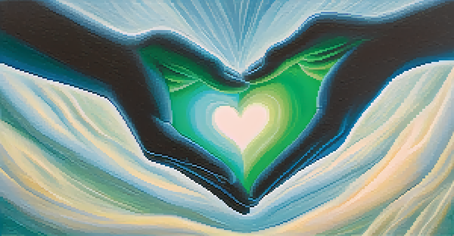 Two hands reaching towards each other with a glowing heart between them, set against a calming blue and green background, symbolizing trust.