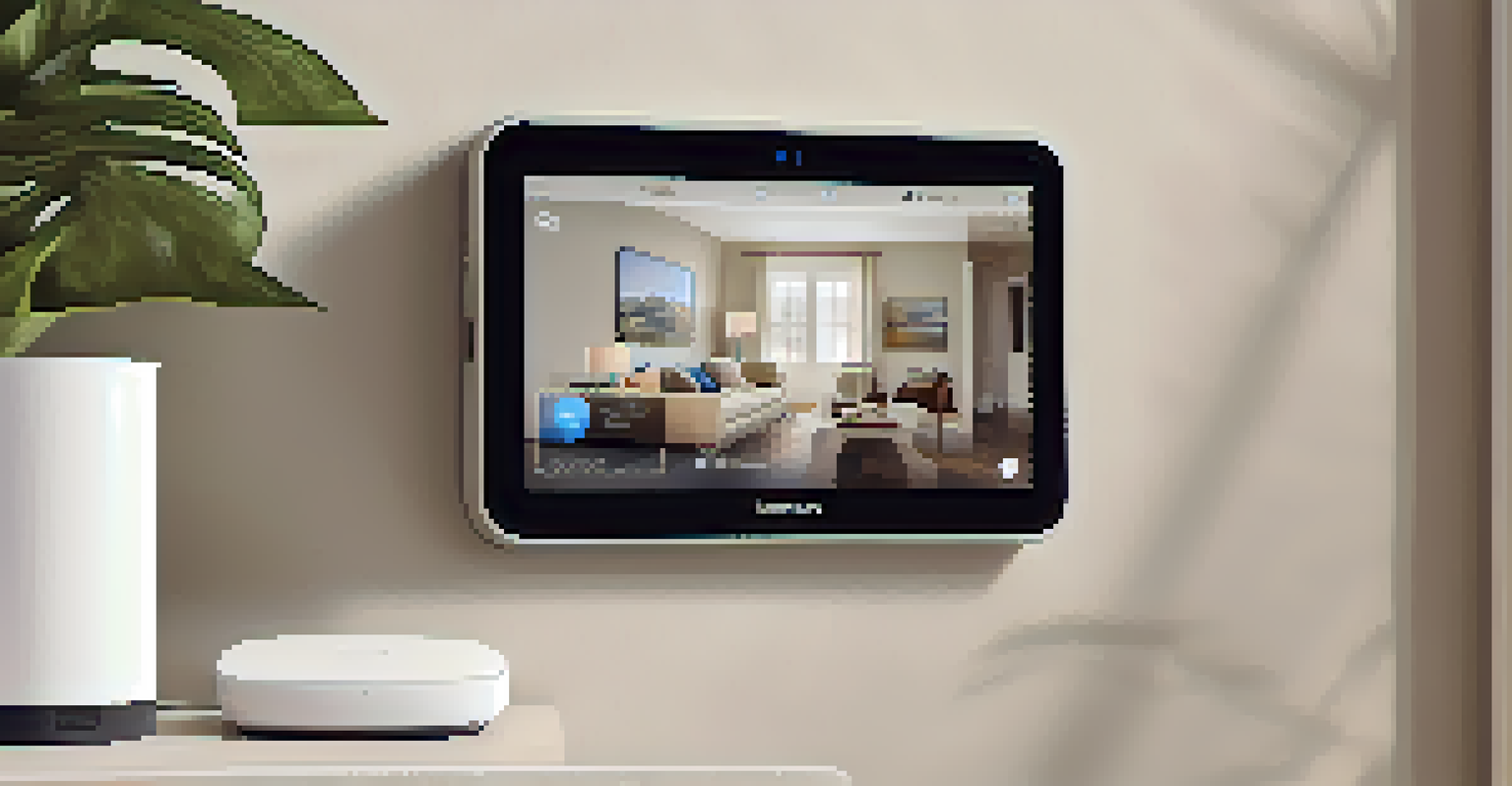A modern home security system with a camera and motion detector mounted on a wall, alongside a smartphone showing the live feed.