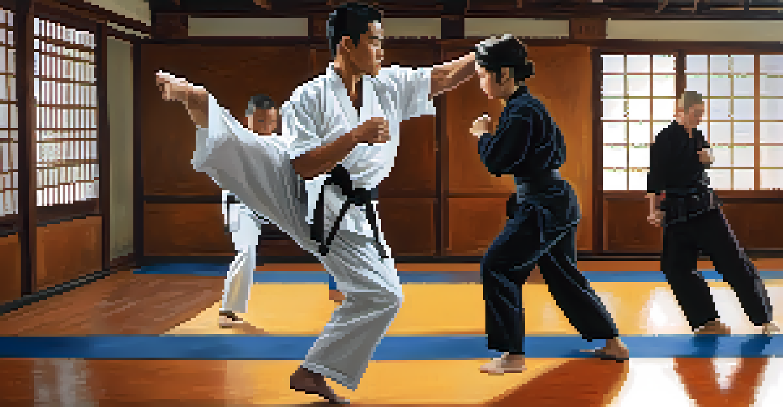 Participants in a dojo practicing self-defense techniques, with one person providing first aid to another.