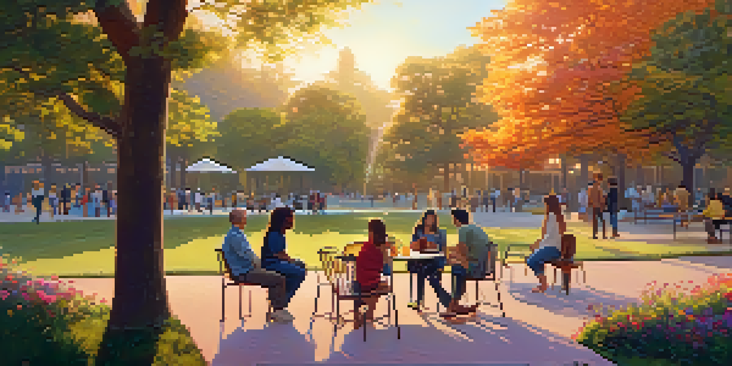 A peaceful park scene at sunset with a group of diverse individuals engaged in a calm conversation, surrounded by colorful flowers and trees.