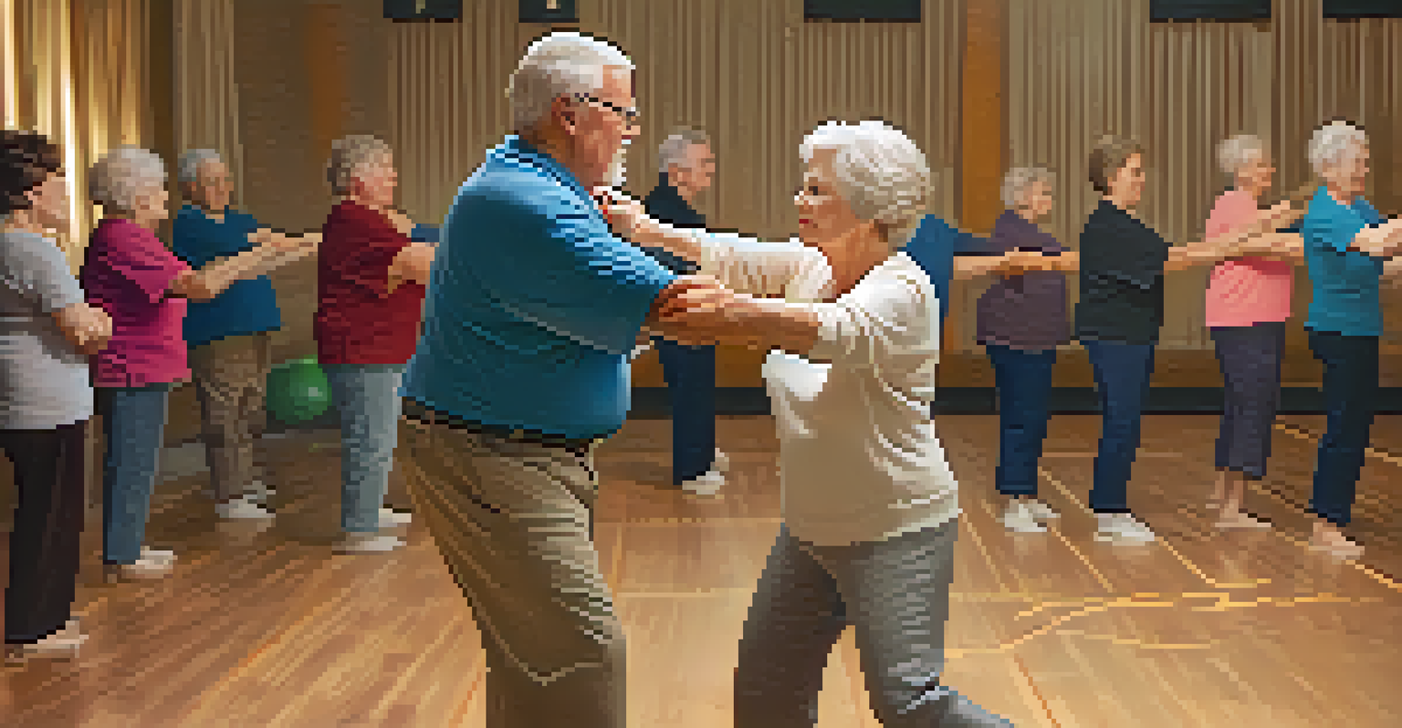 An older adult couple practicing self-defense techniques in a cozy workshop, surrounded by supportive participants.