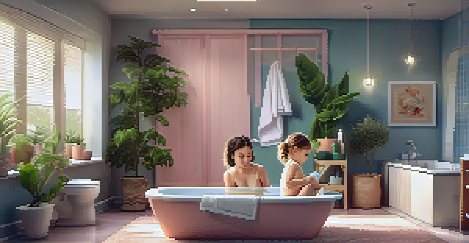 A bathroom scene with non-slip mats, grab bars, and a parent teaching a child about safety.