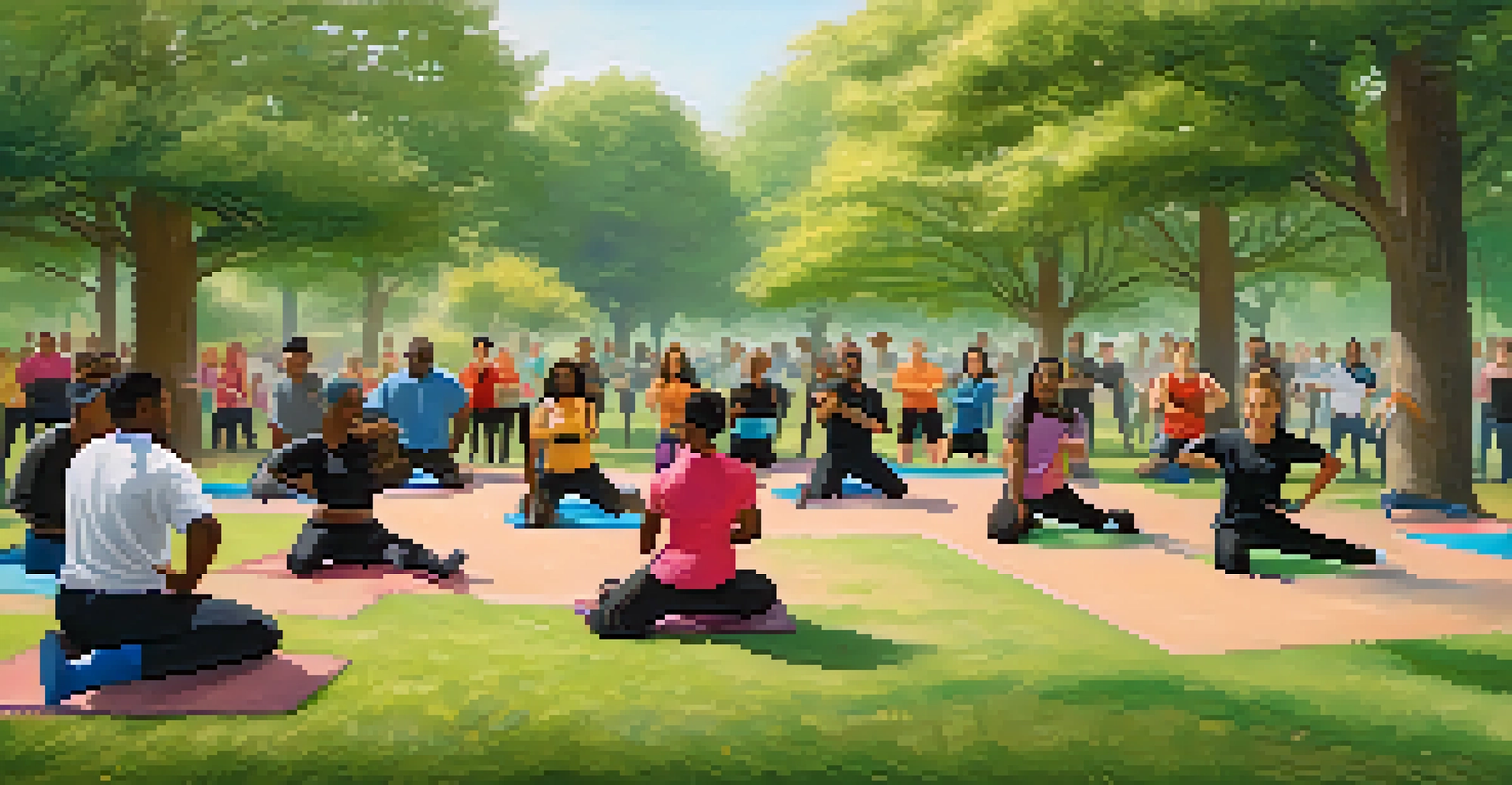 A diverse group participating in a self defense class in a park, with an instructor and lush greenery surrounding them.