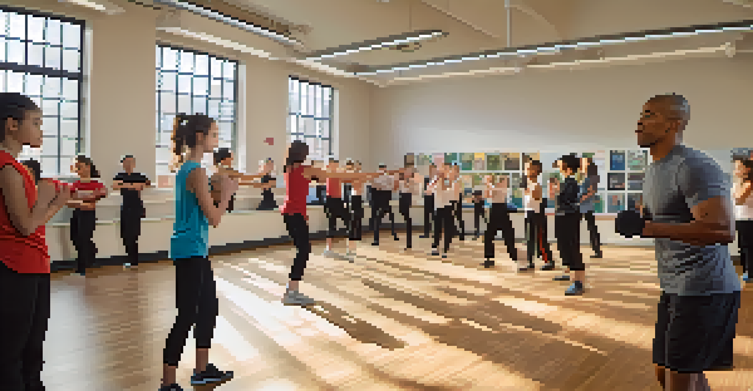 An instructor demonstrating self-defense techniques to a diverse group of attentive students in a bright, well-lit classroom.