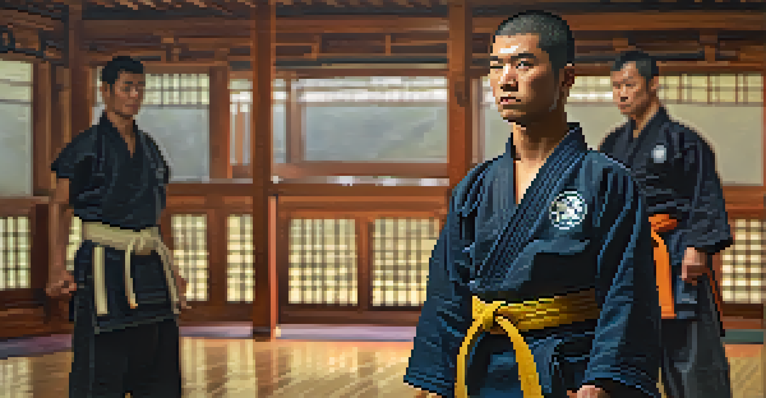 A person displaying confidence while practicing self-defense techniques in a dojo.