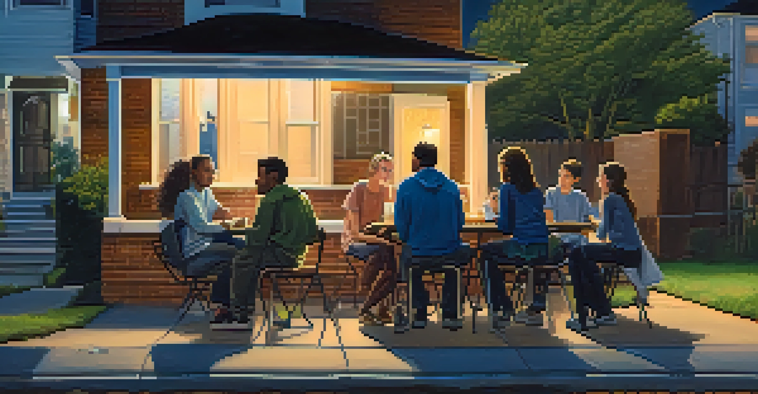 Residents gathered for a neighborhood watch meeting under a streetlight, discussing safety concerns in the evening.