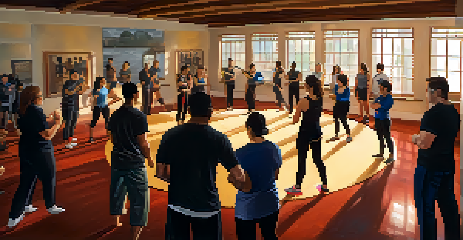 A supportive self-defense class where participants share experiences and tips in a warm, inviting atmosphere.