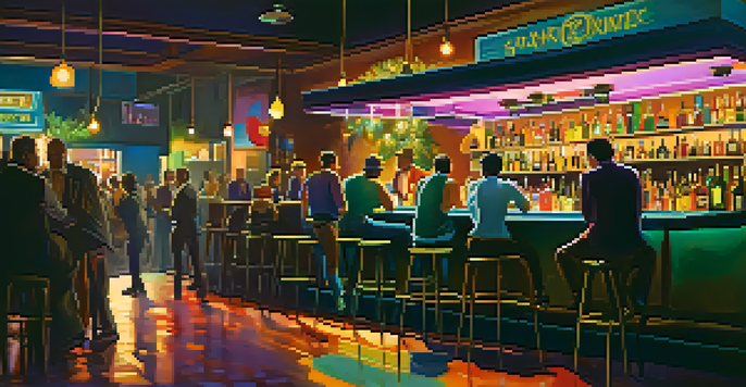 A lively bar at night with people socializing, one person appears alert and aware, surrounded by warm lighting and shadows.