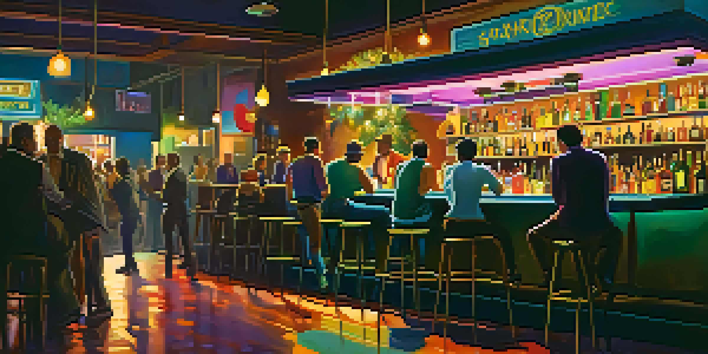 A lively bar at night with people socializing, one person appears alert and aware, surrounded by warm lighting and shadows.