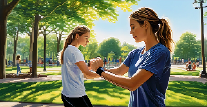 A young woman demonstrating a self-defense technique in a park, surrounded by greenery.