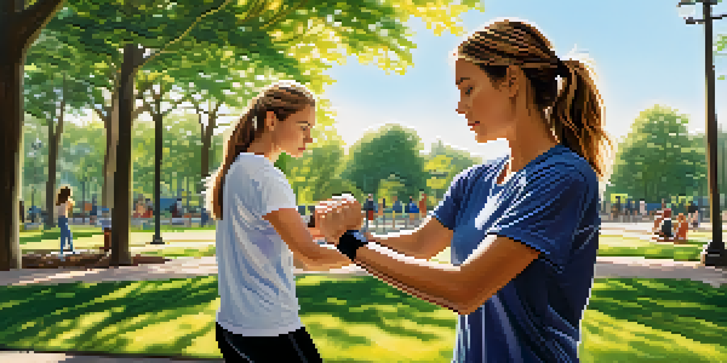 A young woman demonstrating a self-defense technique in a park, surrounded by greenery.
