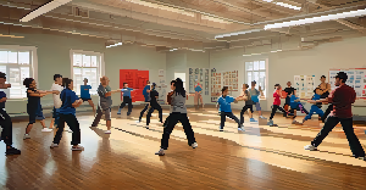 A diverse group of individuals in a bright indoor self-defense class, practicing techniques and supporting each other.