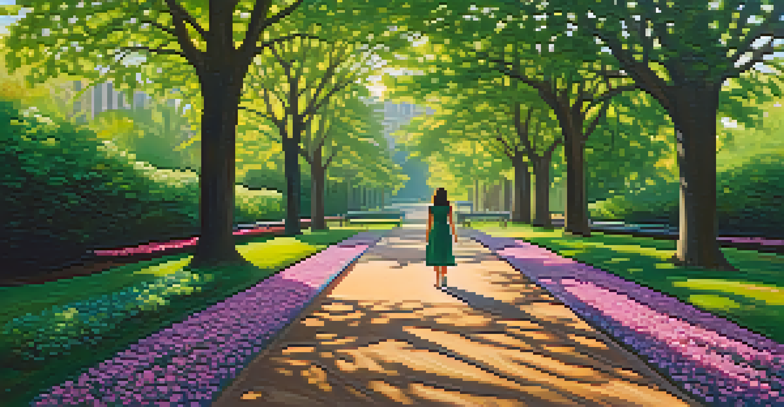 A confident woman walking through a park, surrounded by greenery and flowers, portraying awareness and empowerment.