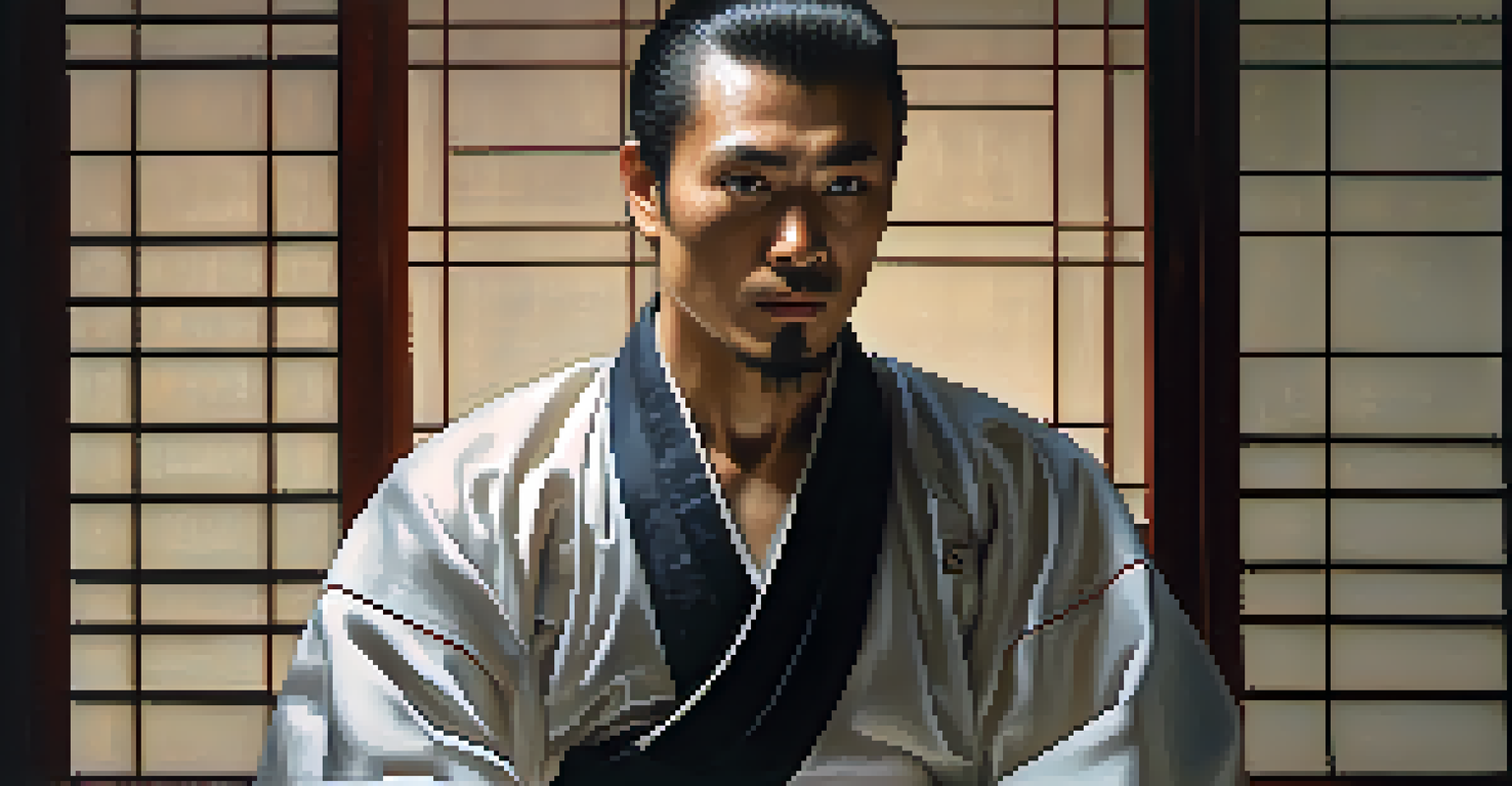 A thoughtful martial artist in traditional attire with Daoism and Confucianism symbols in the background, illuminated by warm light.
