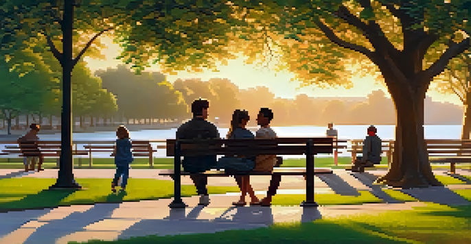 A peaceful park at sunset with a diverse group of people having a calm discussion among trees and flowers.