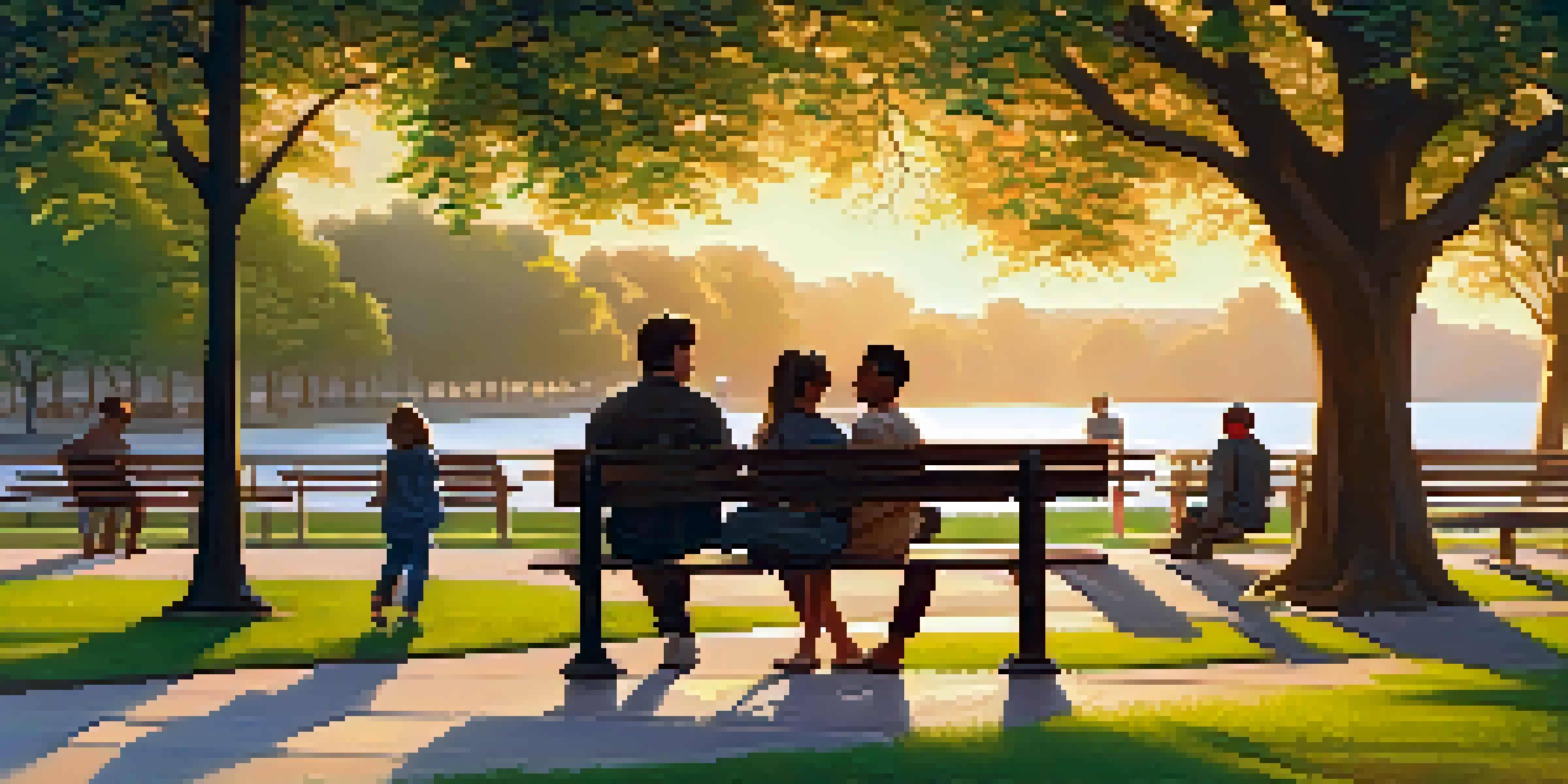 A peaceful park at sunset with a diverse group of people having a calm discussion among trees and flowers.