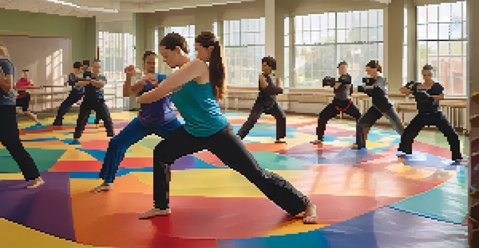 A self-defense class with diverse individuals practicing techniques on a colorful mat in a well-lit room.