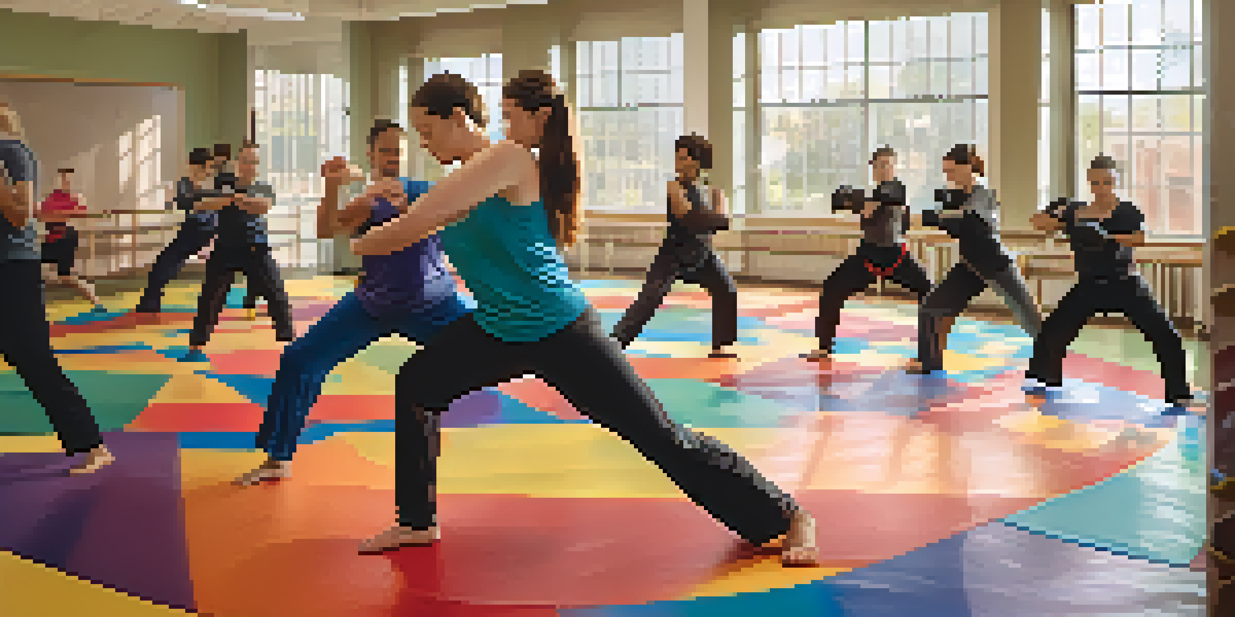 A self-defense class with diverse individuals practicing techniques on a colorful mat in a well-lit room.