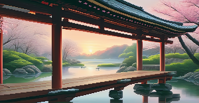 A misty morning in a Japanese countryside featuring a traditional wooden dojo surrounded by cherry blossom trees and a gentle stream.