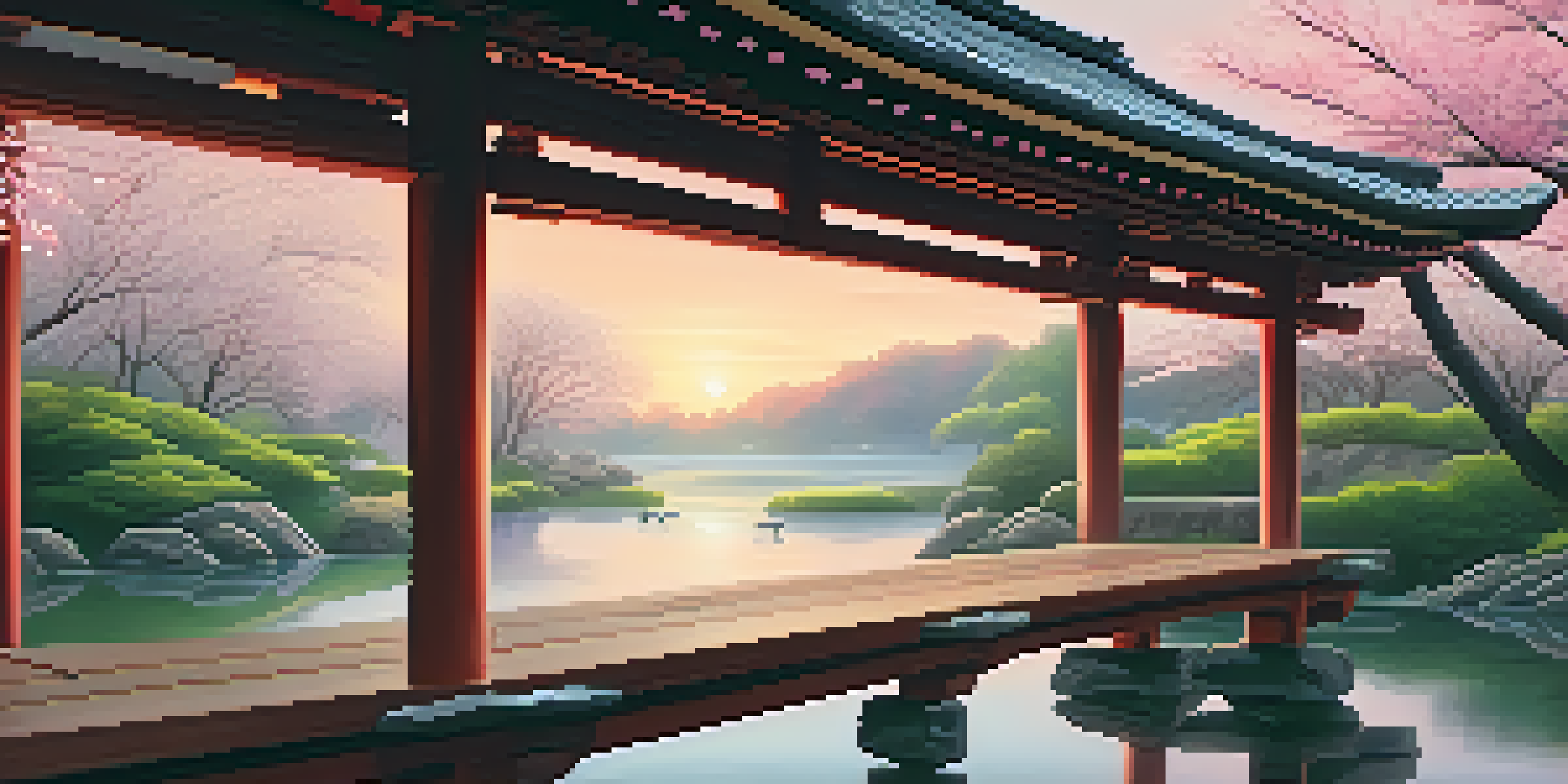 A misty morning in a Japanese countryside featuring a traditional wooden dojo surrounded by cherry blossom trees and a gentle stream.