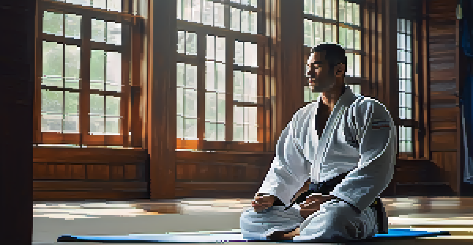 A Brazilian Jiu-Jitsu practitioner meditating on a mat, surrounded by natural light.