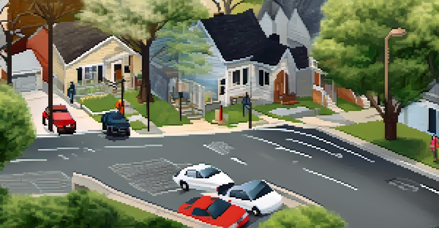 A mobile app interface for community safety, featuring reporting tools and safety tips, set against a neighborhood backdrop.
