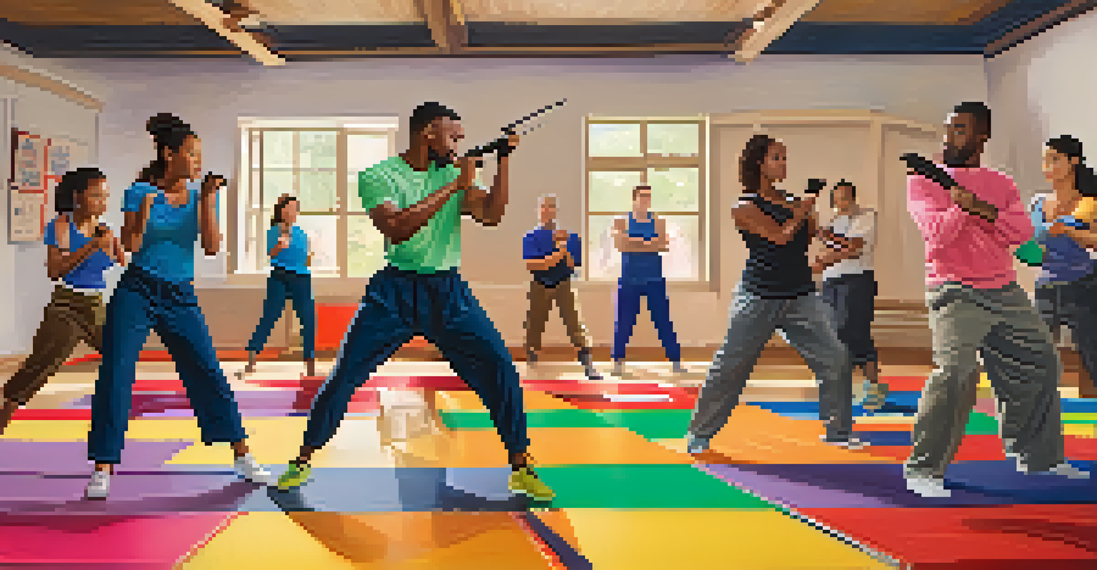A diverse group of couples in an indoor self-defense class, one partner demonstrating how to use everyday items for protection.