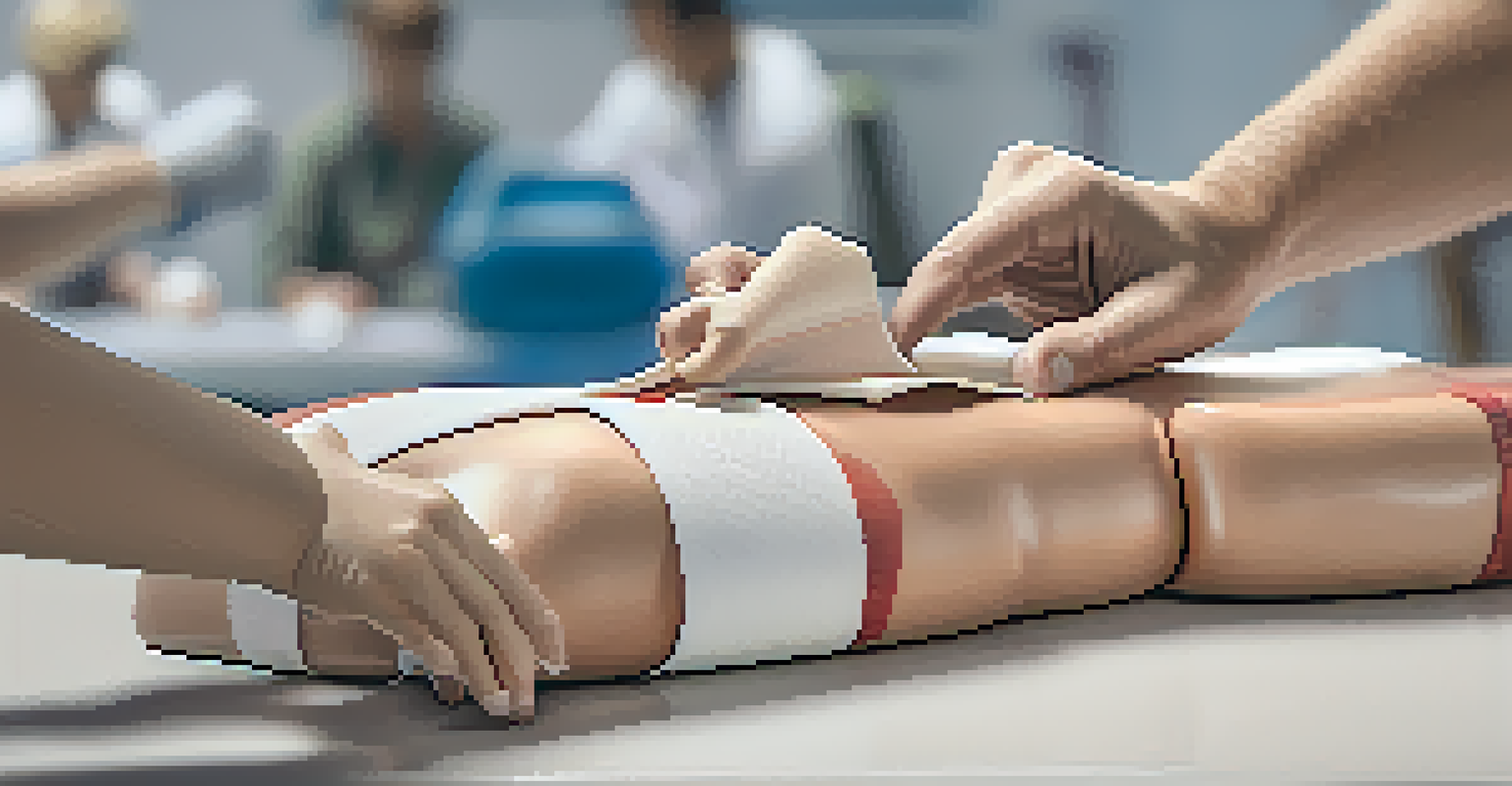 Close-up of hands applying a bandage to a simulated injury in a first aid training setting.