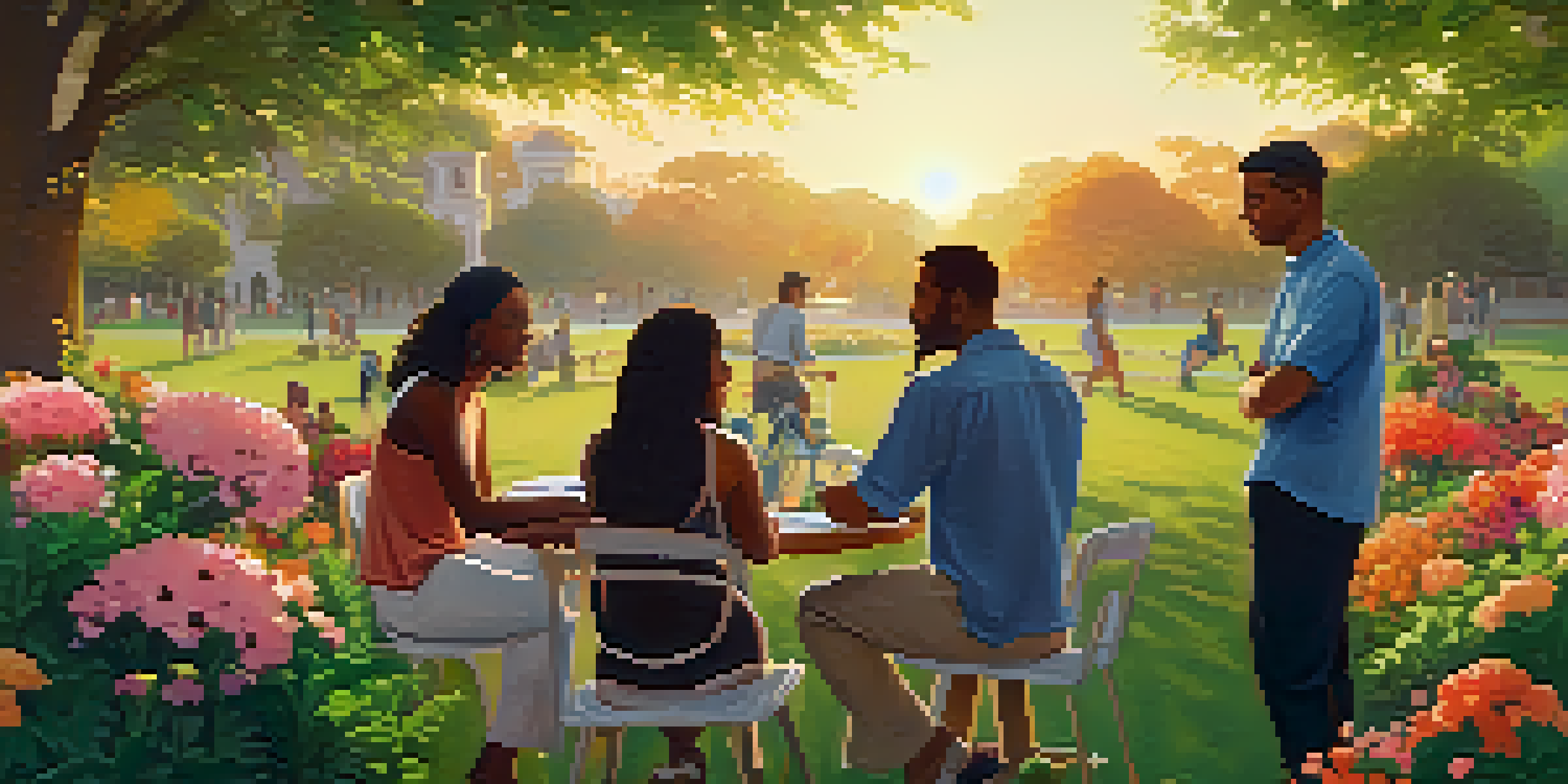 A diverse group of people in a park at sunset, engaged in a peaceful discussion surrounded by greenery and flowers.