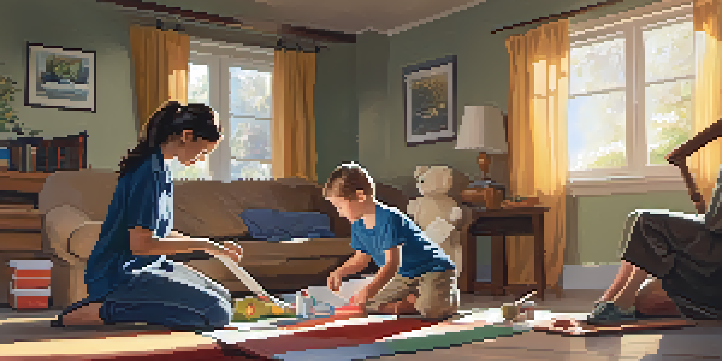 A family practicing earthquake safety techniques in their living room, demonstrating how to protect themselves during an earthquake.