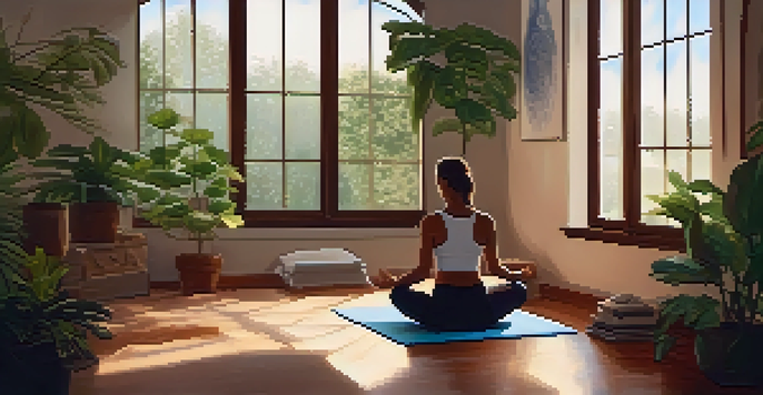 A person practicing diaphragmatic breathing on a yoga mat in a serene indoor environment, with warm lighting and plants in the background.