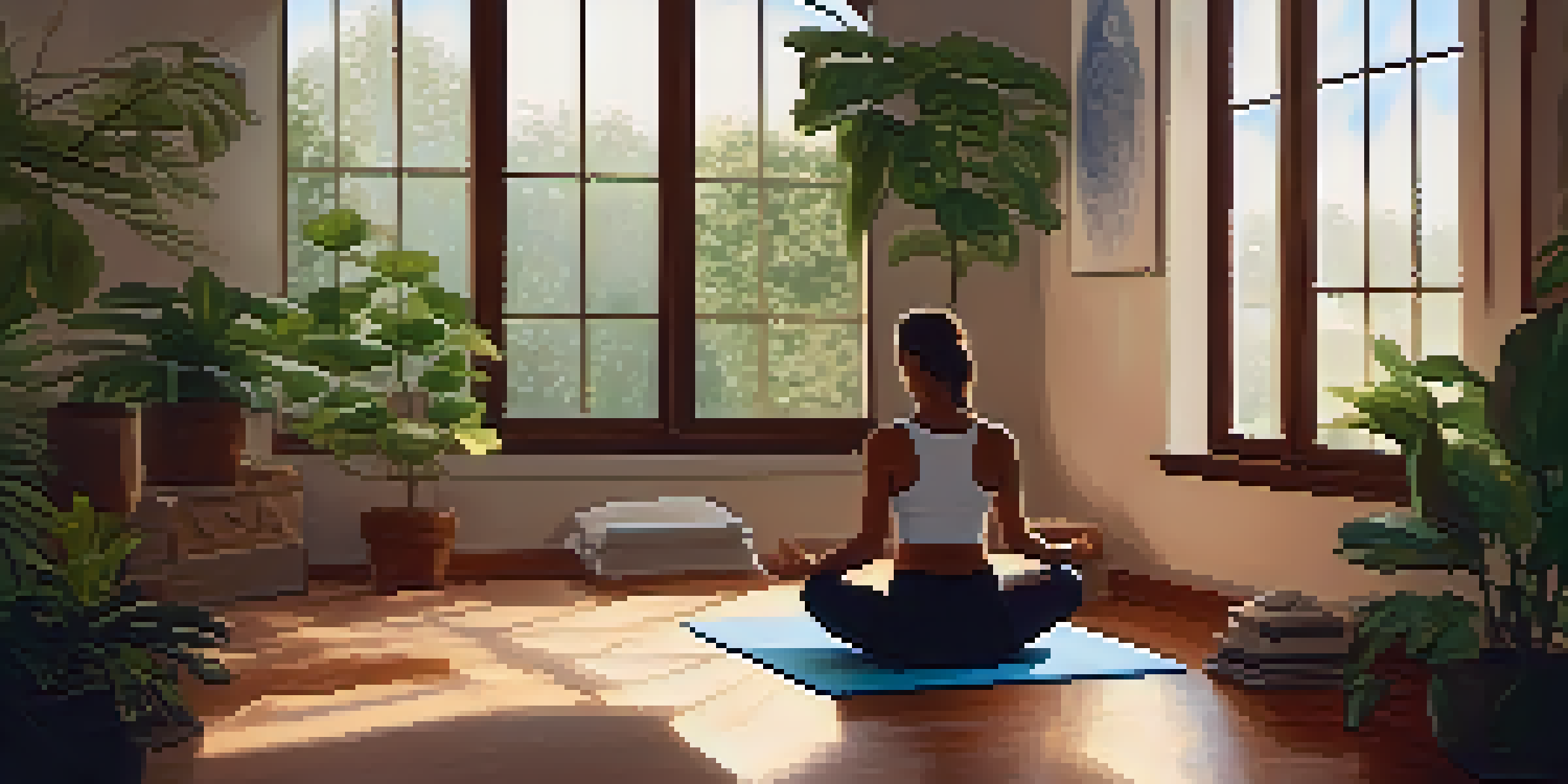 A person practicing diaphragmatic breathing on a yoga mat in a serene indoor environment, with warm lighting and plants in the background.