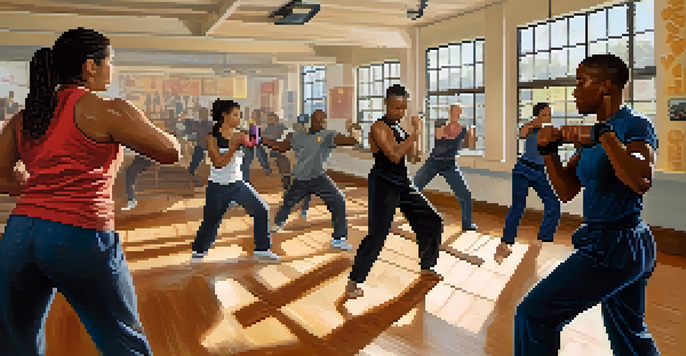 A diverse group of people in a gym practicing self-defense techniques, with one person demonstrating a palm strike.