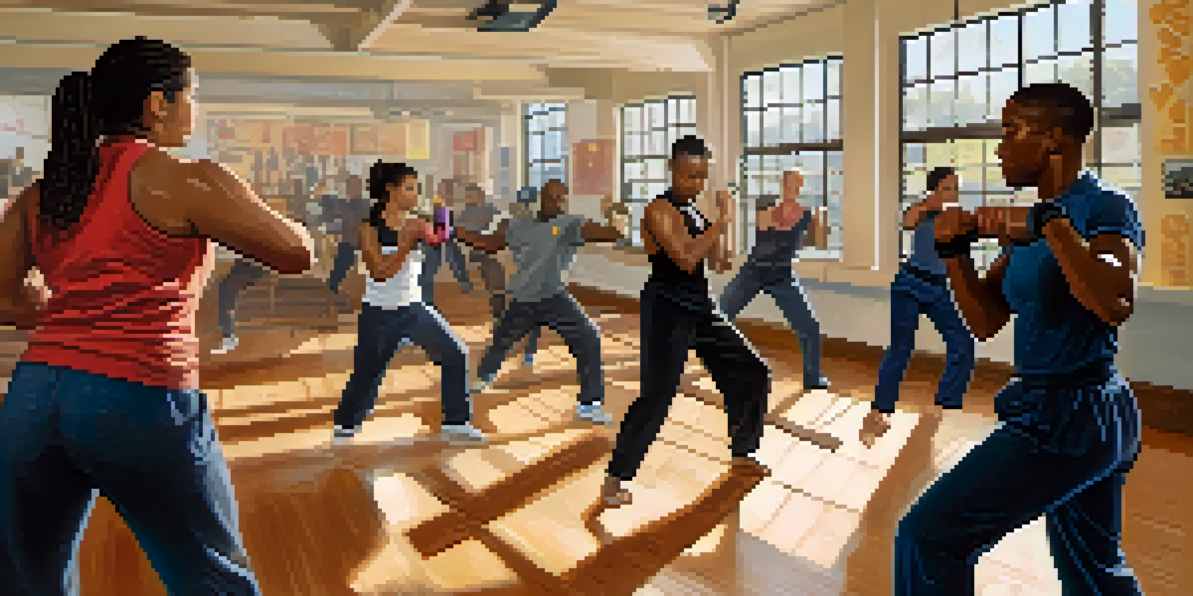 A diverse group of people in a gym practicing self-defense techniques, with one person demonstrating a palm strike.