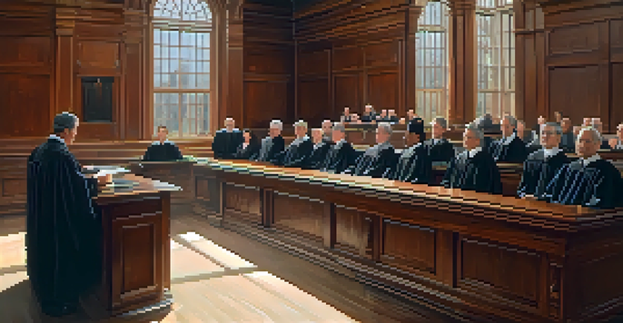 A courtroom with a judge at the bench and attentive jurors, illuminated by natural light.