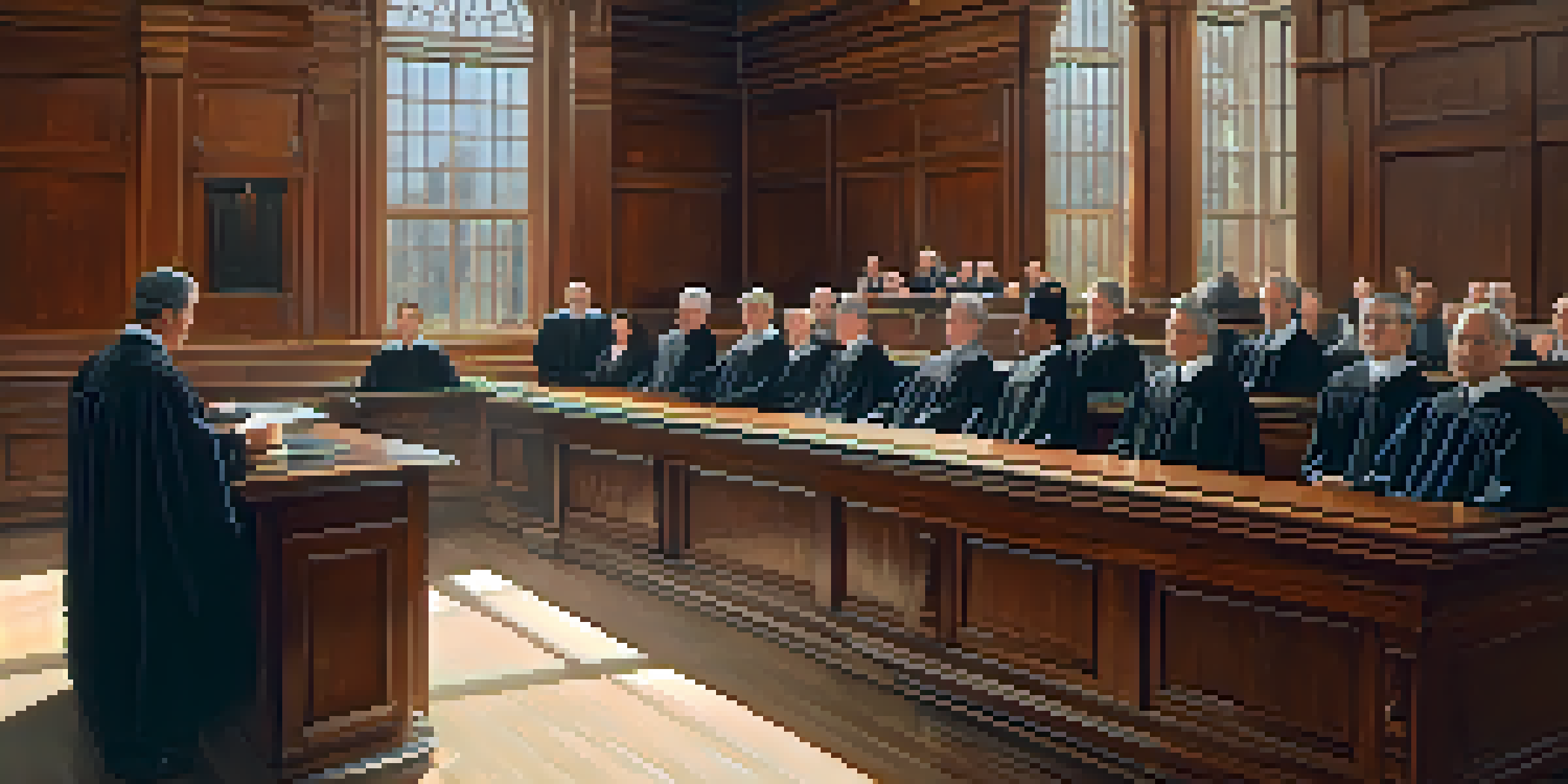 A courtroom with a judge at the bench and attentive jurors, illuminated by natural light.