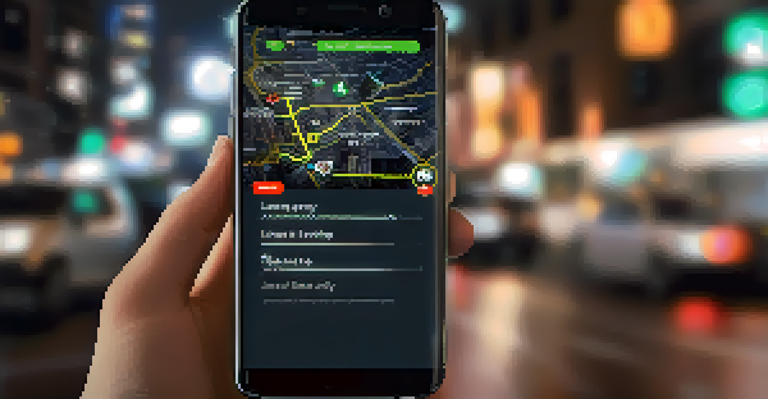 A smartphone showing a safety app interface in a nighttime urban setting.