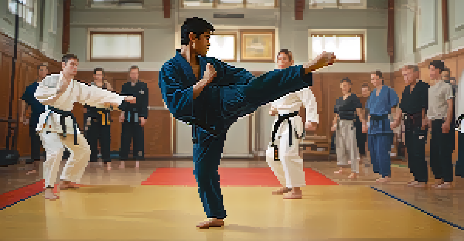 A participant executing a front kick in a self-defense class, showcasing strength and determination.