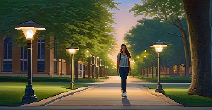 A confident young woman walking alone on a college campus at dusk, with trees and streetlights around her, showcasing a sense of empowerment.