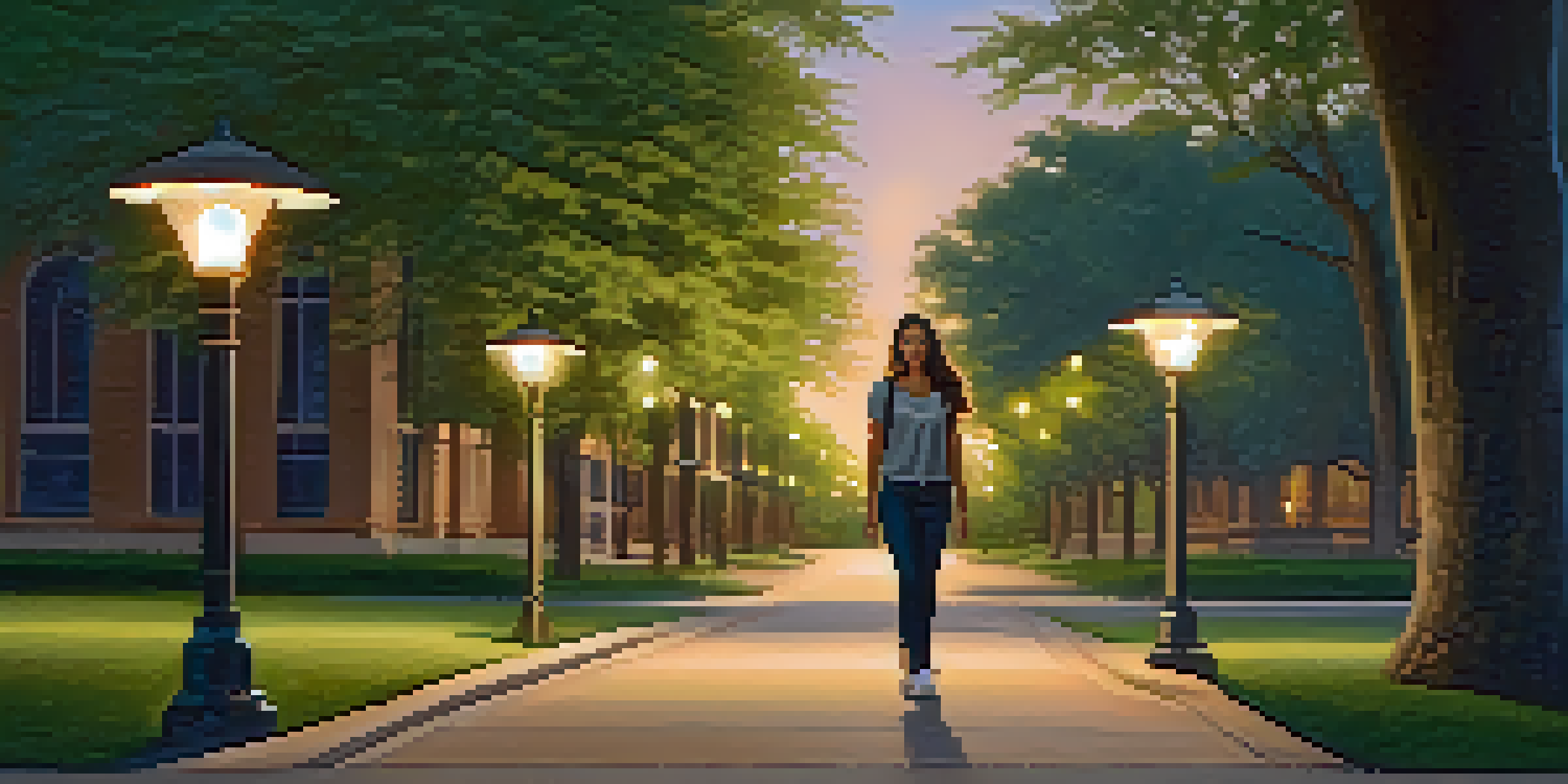 A confident young woman walking alone on a college campus at dusk, with trees and streetlights around her, showcasing a sense of empowerment.