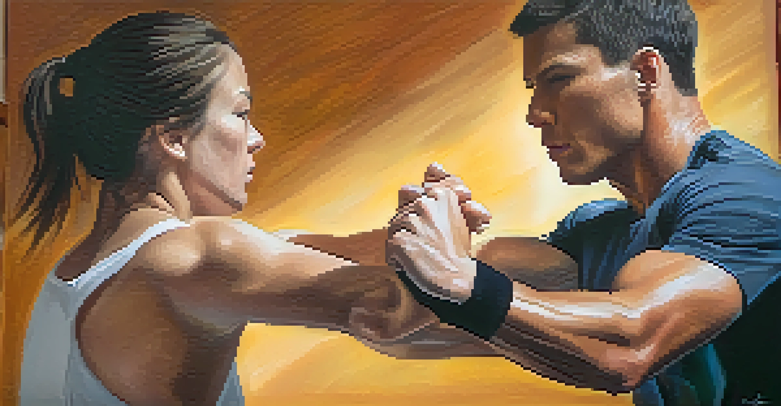 A close-up of a determined individual practicing a self-defense move, with warm natural light highlighting their intense expression.