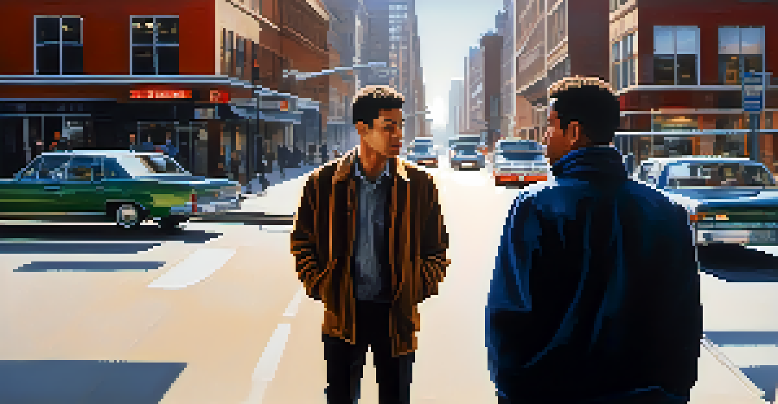 Two individuals in a tense urban conversation, one looking anxious and the other calm, with a busy city street in the background.
