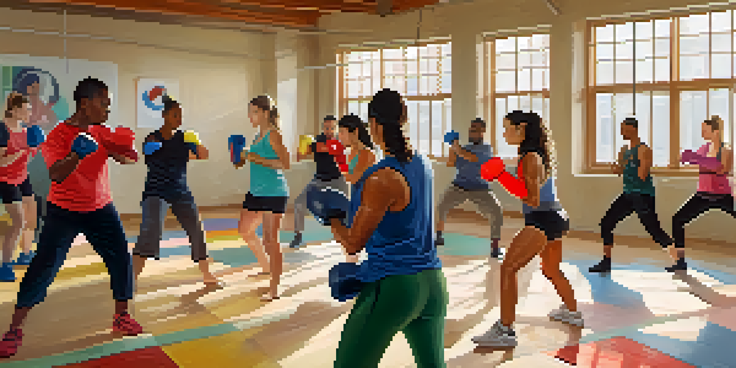 A diverse group of people practicing self-defense techniques in a gym, with natural light illuminating the space.