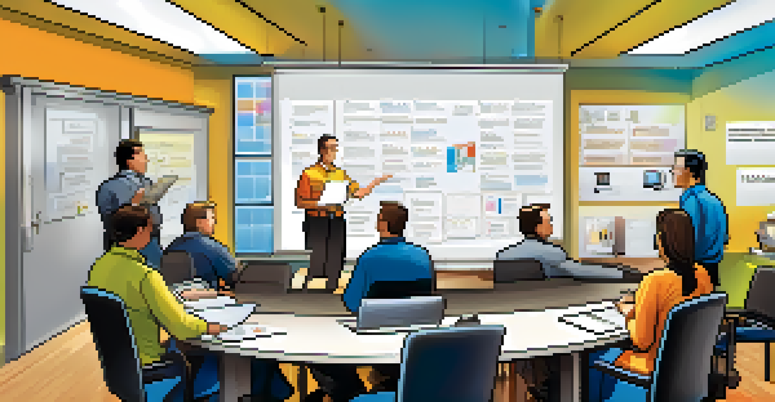 Employees engaging in a discussion about workplace safety strategies around a table filled with manuals and a laptop.