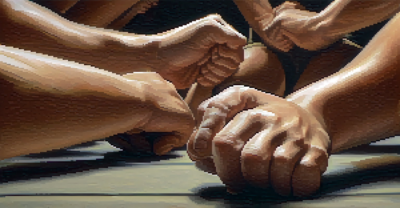 Close-up of hands demonstrating self-defense grips on training mats, emphasizing technique and teamwork.