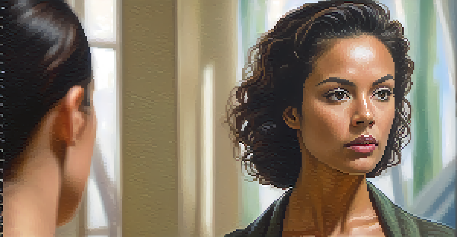 A close-up of a woman practicing assertive communication techniques in front of a mirror, displaying confidence.